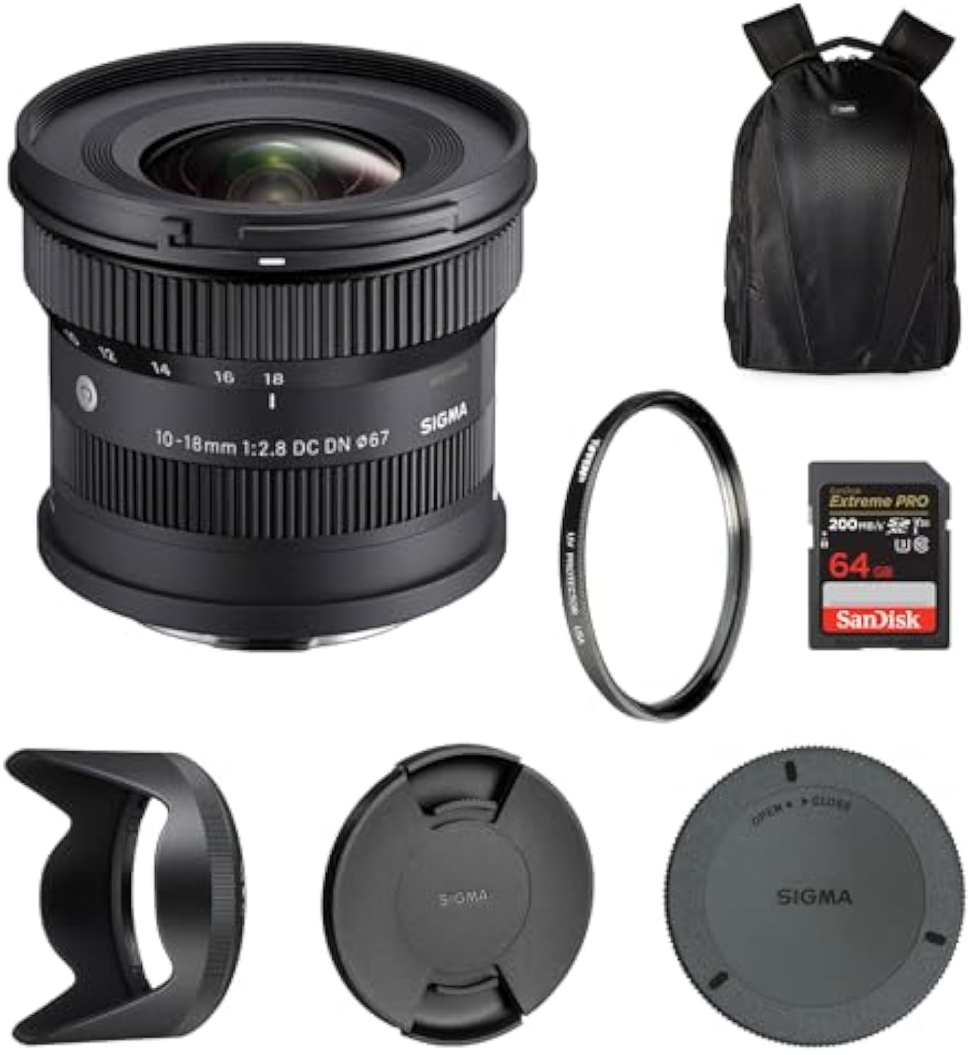 Sigma 10-18mm F2.8 DC DN Contemporary Lens for Sony E | Ultra-wide Zoom, includes a Tiffen 67mm UV protection filter, Waith camera bag, and a 64GB Extreme PRO UHS-I SDXC memory card (kit).