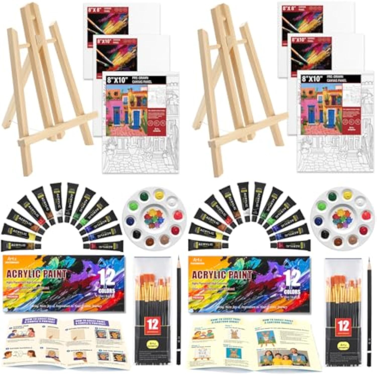 2 Pack Painting Kits for Adults or Family Groups, 62 PCS Art Supplies with 2 Tabletop Easels,24 Acrylic Paints,6 Pre-Drawn & Blank Canvas Panels,24 Brushes,2 Pencils,2 Palettes and Painting Guide