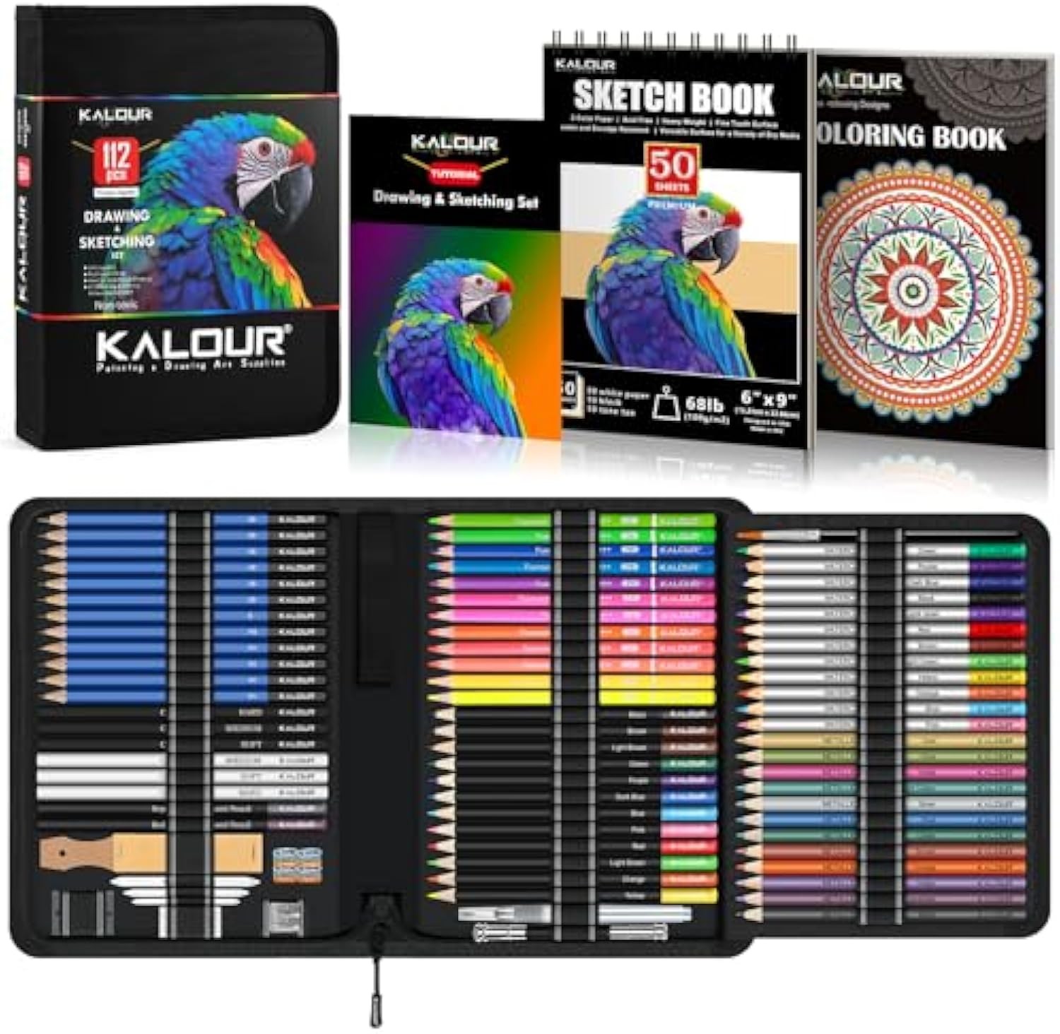 112 Drawing Set Sketching Kit, Pro Art Supplies with 3-Color Sketchbook & Coloring Book, Neon, Colored, Watercolor, Metallic, Graphite, Charcoal Pencils, Gift for Artists Adults Teens