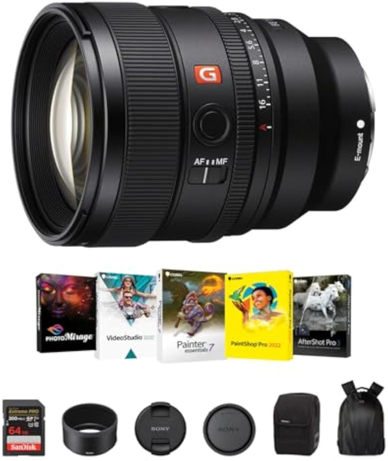 Sony FE 85mm f/1.4 GM II Lens for E-Mount Cameras | Full-Frame Large-Aperture Digital Camera Lens with Corel Art Suite Software Kit, SanDisk 64GB Memory Card and Camera Backpack - Essential Bundle Kit