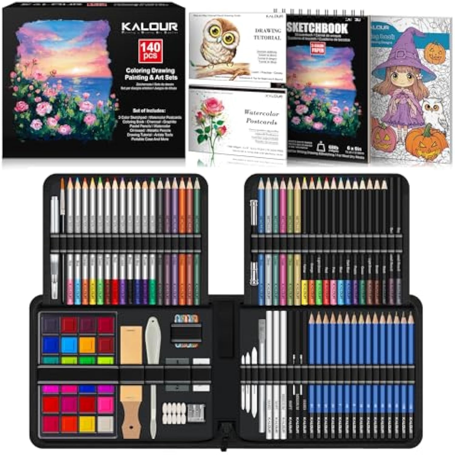 KALOUR 140 Drawing Set Sketching Kit,Art Supplies with 3-color Sketchbook & Coloring Paper,Include Tutorial, Colored, Graphite, Charcoal, Watercolor & Metallic Pencil,for Artists Adults Teens Beginner